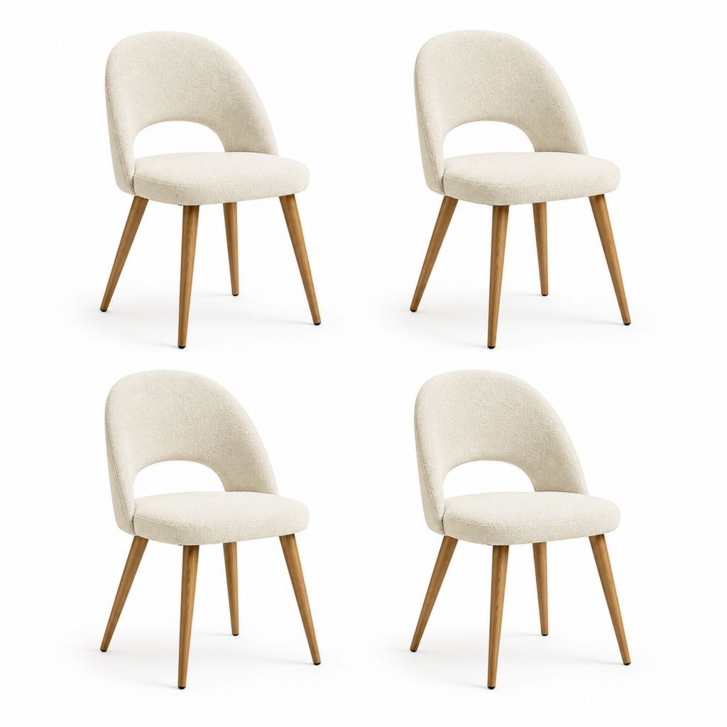 Set di 4 sedie da pranzo imbottite in bouclé di poliestere con schienale arrotondato e gambe in acciaio effetto legno, crema, 50 × 56 × 82 cm