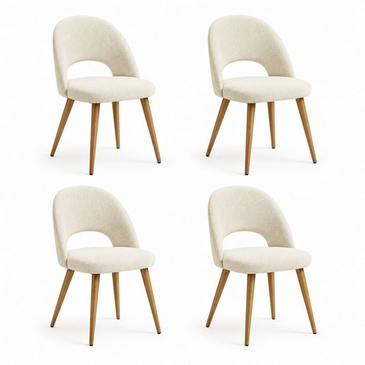 Set di 4 sedie da pranzo imbottite in bouclé di poliestere con schienale arrotondato e gambe in acciaio effetto legno, crema, 50 × 56 × 82 cm