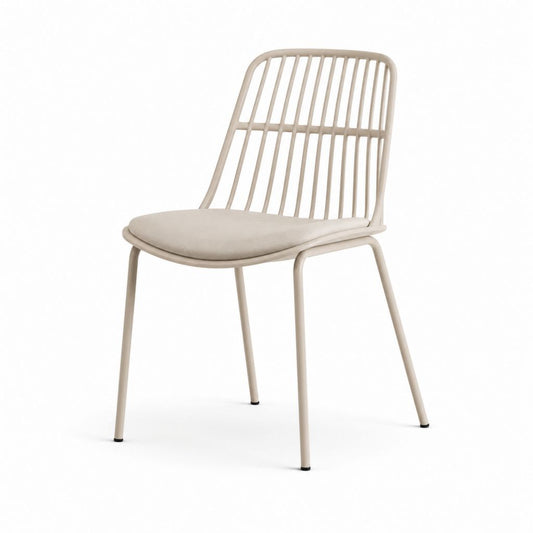 Sedia da pranzo imbottita in acciaio e tessuto beige con piedini neri, 48 x 55 x 82 cm