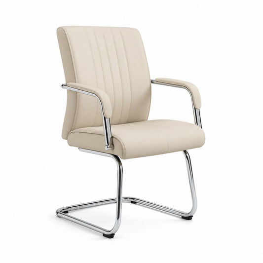 Sedia da pranzo imbottita con braccioli in similpelle beige e acciaio cromato, 58 × 64 × 94 cm