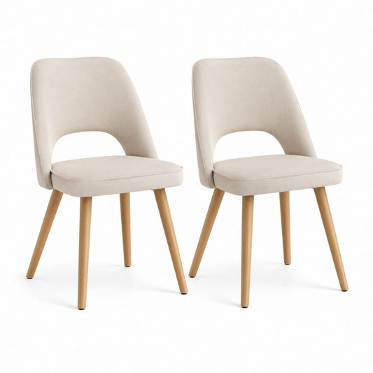 Set di 2 sedie da pranzo imbottite in tessuto beige con schienale arrotondato e gambe in legno massello, 49 x 56 x 82 cm